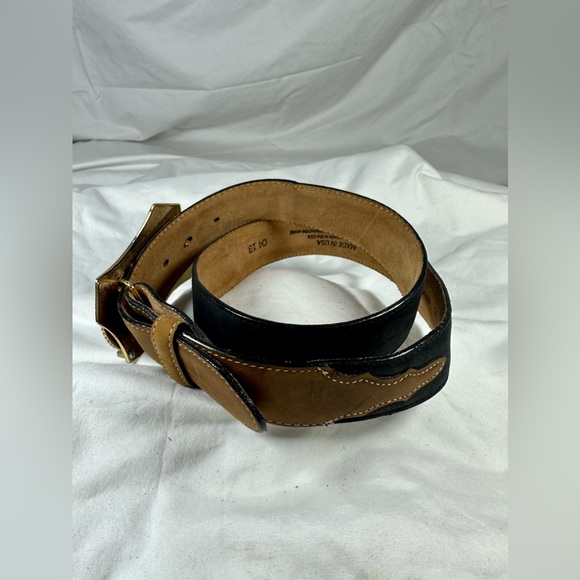 Vintage Eisenhower one dollar double coin buckle Justin black tan leather belt - Picture 10 of 10